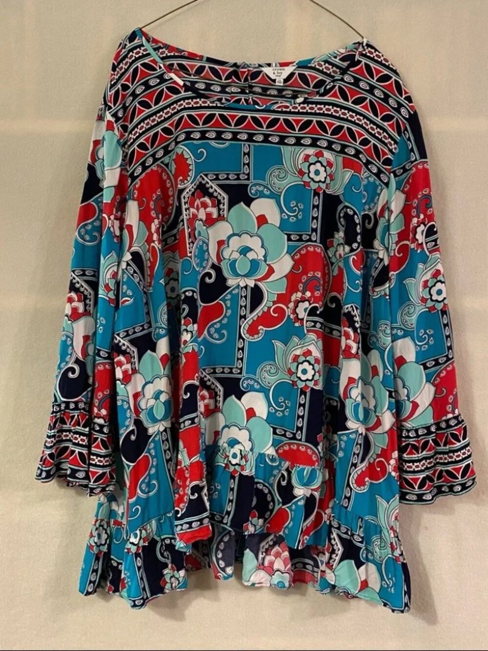Crown & Ivy pink blue paisley ruffle hem high low long sleeve blouse